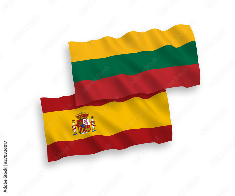 National vector fabric wave flags of Lithuania and Spain isolated on white background. 1 to 2 proportion. National vector fabric wave flags of Lithuania and Spain isolated on white background. 1 to 2 proportion.