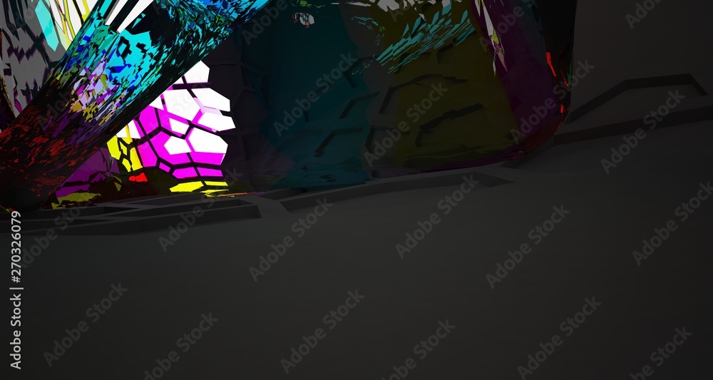 Fototapeta premium Abstract Black and Gradient Glass Futuristic Sci-Fi interior With White Glowing Neon Tubes . 3D illustration and rendering.