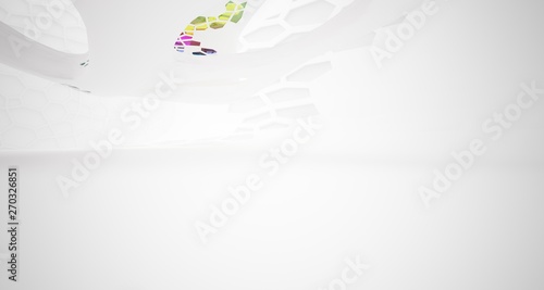 Abstract white and colored gradient glasses interior multilevel public space with window. 3D illustration and rendering.