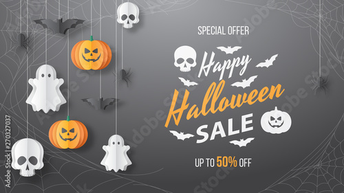 Happy Halloween sale vector banner. Paper cut style. Vector illusration photo