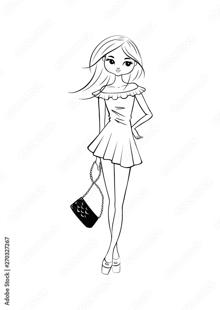 Hand drawn beautiful Girl in dress. Fashion cute girl. Coloring page. Vector illustration Hand drawn beautiful Girl in dress. Fashion cute girl. Coloring page. Vector illustration
