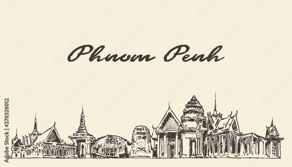 Phnom Penh skylin Cambodia drawn vector sketch