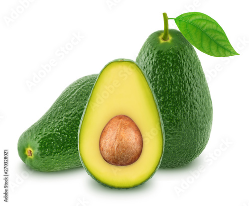 Composition with green avocados isolated on white background