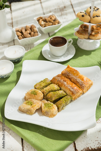 Turkish traditional food ramadan festival baklava and borek with Turkish coffee