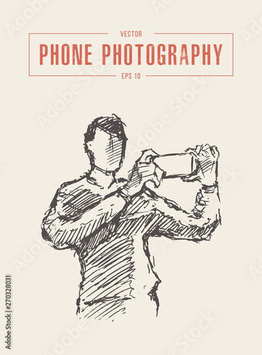 Girl takes pictures camera photo vector sketch