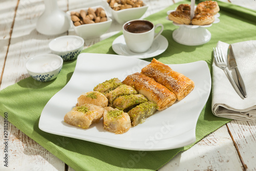 Turkish traditional food ramadan festival baklava and borek with Turkish coffee