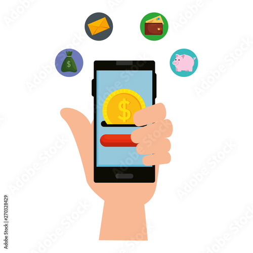 hand using smartphone with coin money and ecommerce icons
