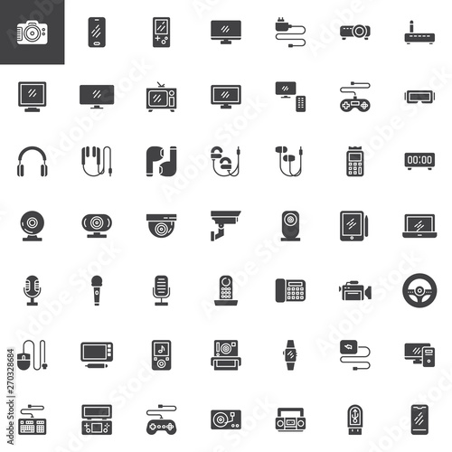 Electronic gadgets vector icons set, modern solid symbol collection, filled style pictogram pack. Signs, logo illustration. Set includes icons as Digital photo camera, Mobile phone, Computer monitor