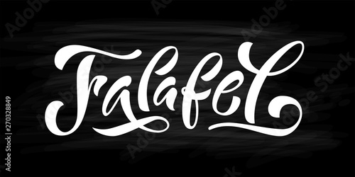 Falafel word. Hand drawn text logo. Vector illustration for falafel street food market on black background. Graphic print design for banner, tee, t shirt, poster label stamp. Vegan fast food.