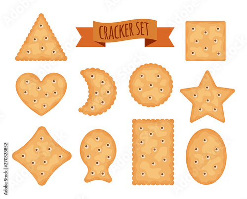 Set of cracker chips different shapes isolated on white background. Biscuit cookies for breakfast, tasty snack, yummy crackers - vector illustration