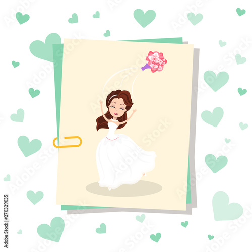 Photo card on clip, bride in white dress throwing bouquet. Vector young girl in engagement gown and flowers on wall with hearts, memories from wedding