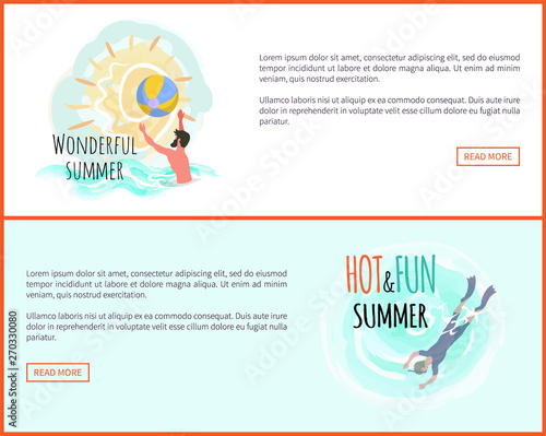 Wonderful summer vector, people on vacation summertime man. Resort activities, waterpolo sport, game with ball, scuba diving on vacation website set