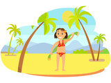 Smiling girl with flower in hair, child standing on sand in swimsuit holding towel on back, mountain landscape and sunny weather, palm trees vector