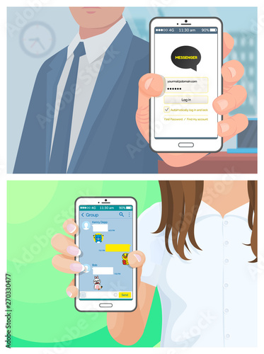 Man and woman holding smartphones in hands vector, kakao talk messenger design. Interface of app for communication, international social network for people. Woman send messege. Man login in messenger