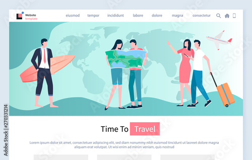 Time to travel vector, relaxed people couple looking at map, man and woman traveling on holidays and spending time together. Arrivals pair with baggage. Website for travel agency, landing page flat