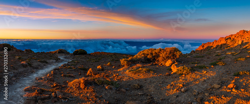 panorama of the Guajara mountain in the light of the rising sun in the Teide National Park in Tenerife