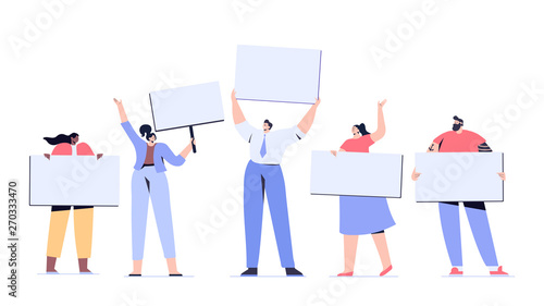 Man and woman holding banners and placards. Protesters or activists.  Flat vector characters