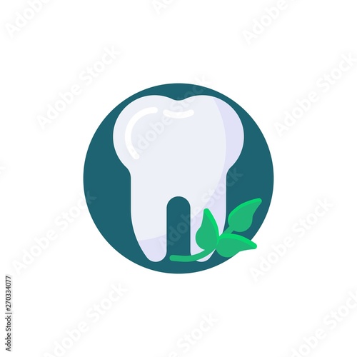 Healthy tooth with herbal leaves flat icon. Round colorful button, Tooth and mint leaves circular vector sign. Flat style design