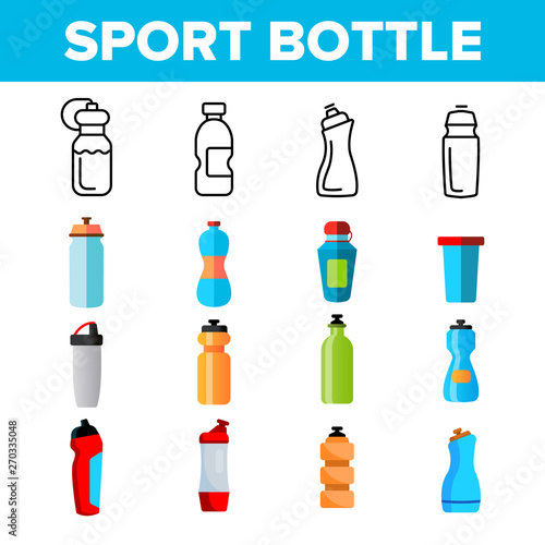 Sport Bottle, Fitness Accessory Vector Thin Line Icons Set. Sport Bottle, Plastic, Metal Container for Water Linear Pictograms. Reusable Accessory to Quench Thirst in Gym Color Symbols Collection