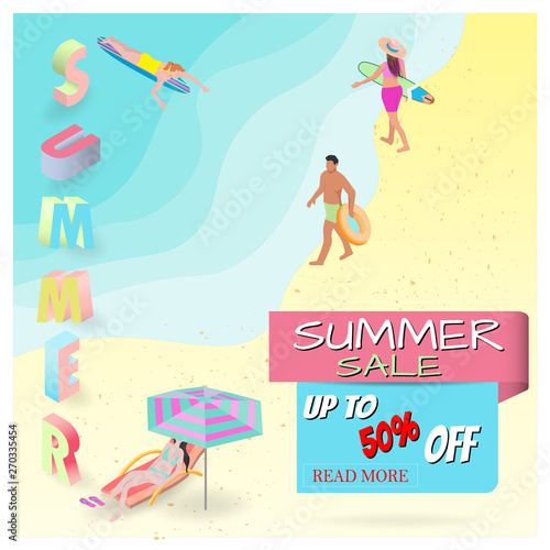 Summer vacation ads template with people in summer, girls in bathing suits, sand, sea, beach, big letters, beach summer accessories. isometric illustration - Vector 