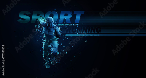 Sport backgrounds. Concept of a low poly running man. 3d render of the geometric runner.