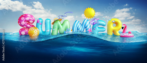 Travel backgrounds. Summer 3d rendered banner with 3D text and colorful balls, fishes, flamingo and the sun in blue sky and sea background for summer season holiday.