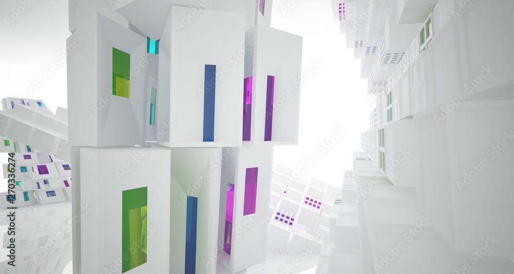 Fototapeta premium Abstract white and colored gradient glasses interior multilevel public space with window. 3D illustration and rendering.