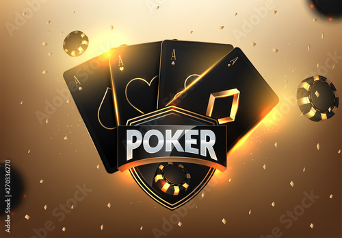 Casino Gambling tournament template design with realistic playing cards and casino chips on black bokeh background
