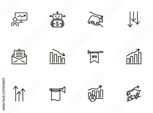 Stock market line icon set. Bear, bull, trader, IPO, charts. Finance concept. Can be used for topics like investment, assets, trading