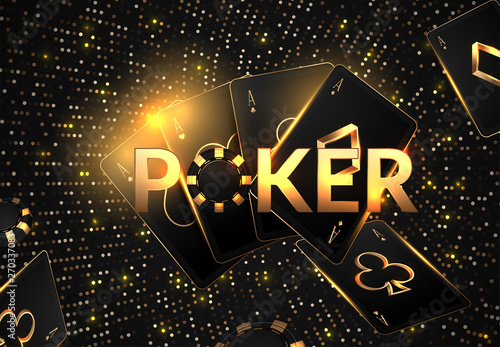Dark background banner with casino elements chips, playing cards, roulette. Poker game concept