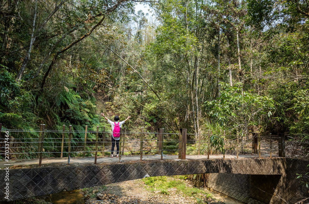 traveling woman walk on bridge