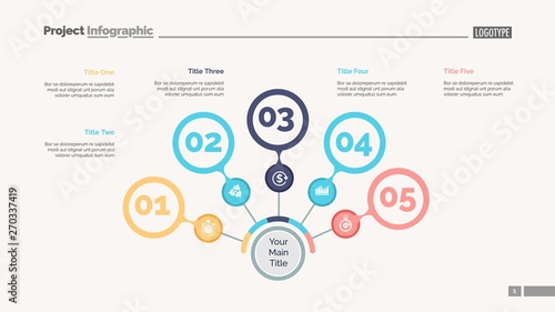 Five steps process chart slide template. Business data. Option, step, design. Creative concept for infographic, presentation, report. Can be used for topics like marketing, teamwork, research.