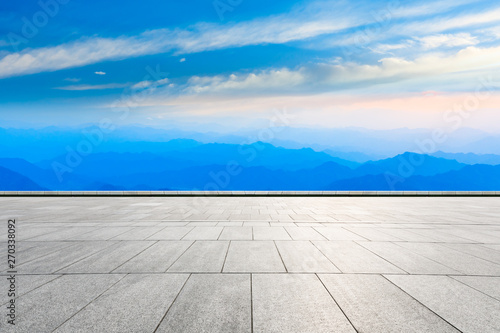 Empty square floor and beautiful huangshan mountains nature landscape at sunrise