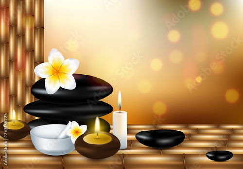 Vector illustration of a realistic style, set for spa treatments with aromatic salt , massage oil, candles on the background of bamboo shoots