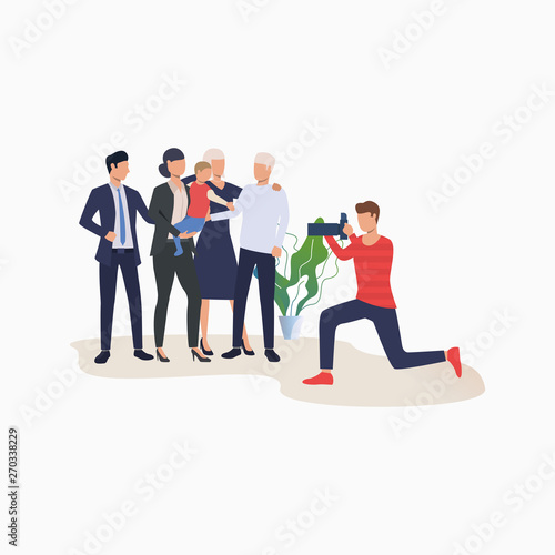 Family photo shoot cartoon illustration. Photographer taking pictures of men, women and child. Leisure concept. Vector illustration can be used for topics like studio, occupation, photography