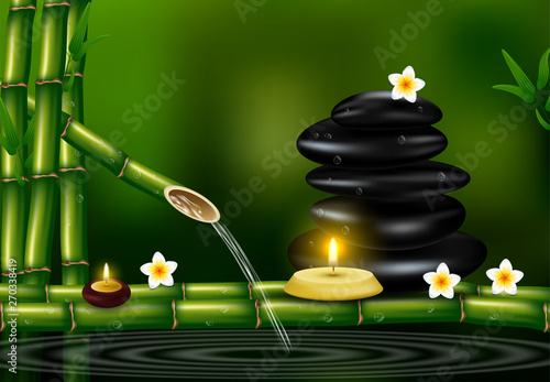 Vector illustration of a realistic style, set for spa treatments with aromatic salt , massage oil, candles on the background of bamboo shoots