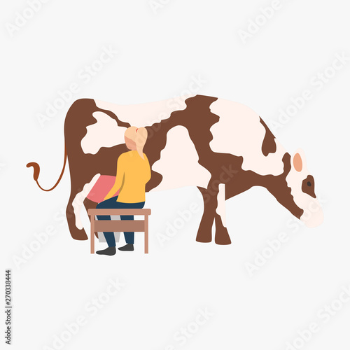 Milkmaid vector illustration. Woman milking cow. Farming concept. Illustration can be used for topics like agriculture, ranching cattle, fresh milk
