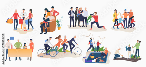Set of family activities. Children and parents cycling, doing shopping, going fishing, gardening. Leisure concept. Vector illustration can be used for topics like summer, people, hobby