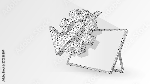 Gear check mark on graphic tablet screen. Business solution, technology approved, machine choice concept. Abstract, digital, wireframe low poly mesh Raster white origami 3d illustration. Line, dot