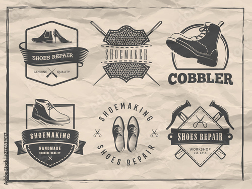 Shoemaker logos. Vector badges for shoe repair or cobbler shop. Labels with shoes, boots and shoemaking tools on vintage paper background.