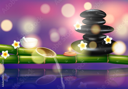 Vector illustration of a realistic style, set for spa treatments with aromatic salt , massage oil, candles on the background of bamboo shoots
