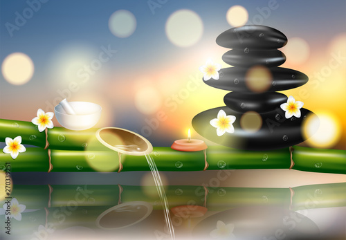 Vector illustration of a realistic style, set for spa treatments with aromatic salt , massage oil, candles on the background of bamboo shoots