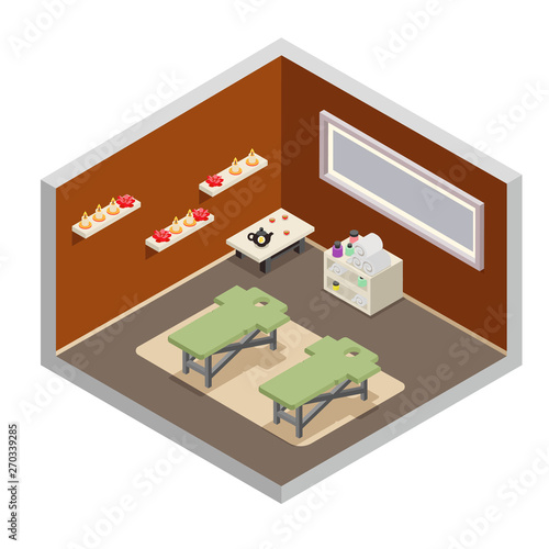 Isometric spa resort room massage equipment design flat vector illustration