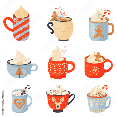 Christmas and Happy New Year set. Mugs of cacao with whipped cream, marshmallow and candy cane. Greeting card for Xmas, New year or winter holidays. Vector design template.
