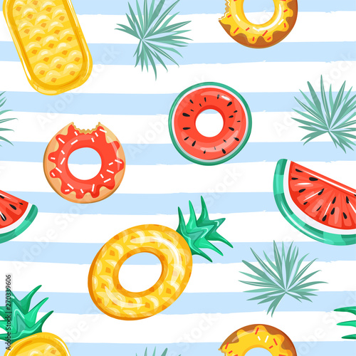 Seamless pattern with inflatable swimming pool rings in the shape of pineapple, watermelon, and donut. Texture for textile, wrapping paper, packaging etc. Vector illustration on striped background.
