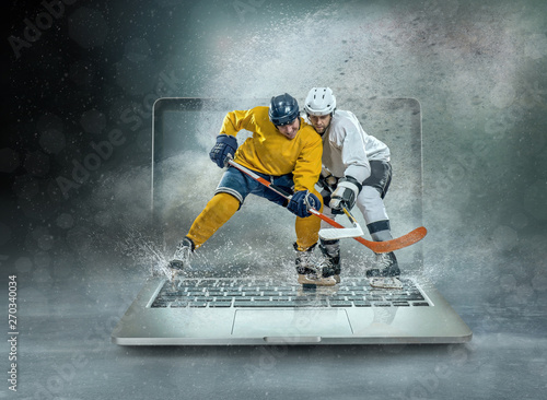Photography Caucassian ice hockey Players in dynamic action in a professiona