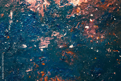 Fototapeta Naklejka Na Ścianę i Meble -  Abstract acrylic oil paint background. Blue gradient color mix. Colorful spots drops blots covering splattering rough surface.