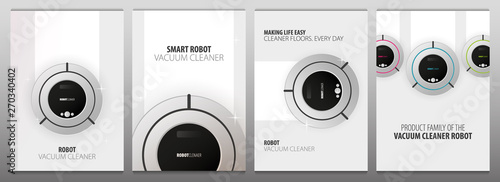 Set of banners Robot vacuum cleaner on white floor. Smart Technologies.