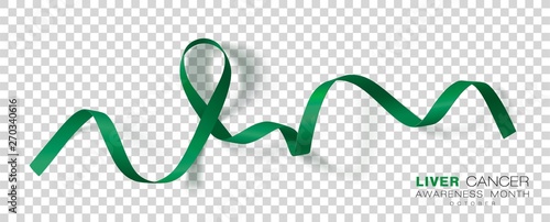 Liver Cancer Awareness Month. Emerald Green Color Ribbon Isolated On Transparent Background. Vector Design Template For Poster.