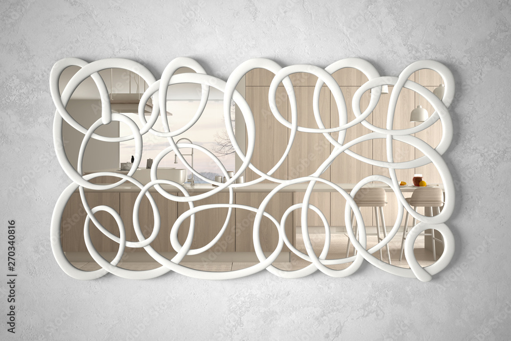 Modern twisted shape mirror hanging on the wall reflecting interior design scene, bright white and wooden kitchen, minimalist white architecture, architect designer concept idea Modern twisted shape mirror hanging on the wall reflecting interior design scene, bright white and wooden kitchen, minimalist white architecture, architect designer concept idea